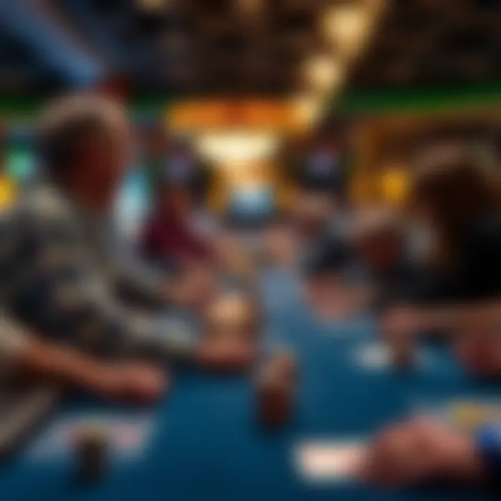 A detailed view of a poker tournament table with players engaged in a game