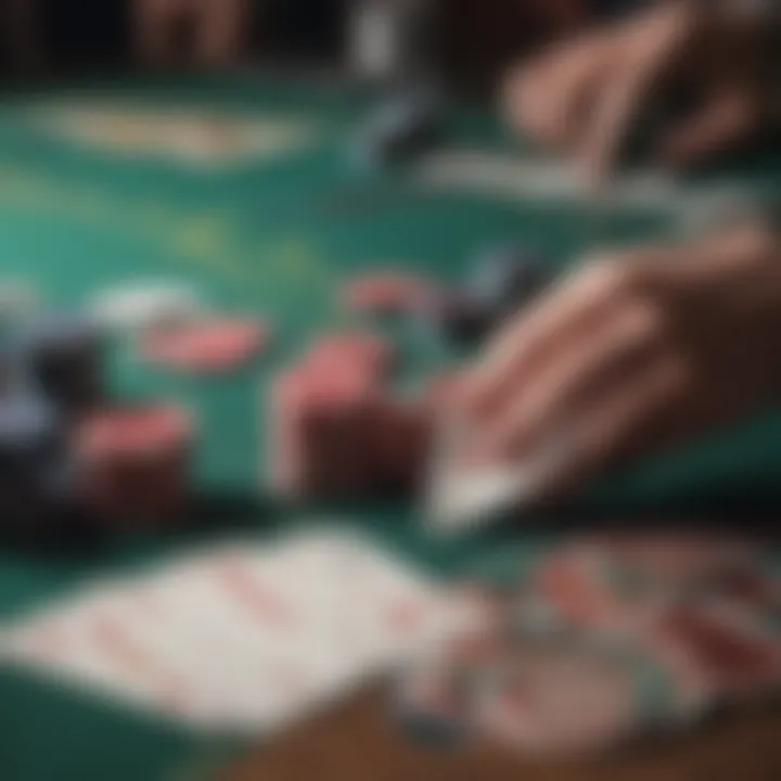 Close-up of poker chips and cards on a table