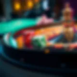 A close-up of a roulette table with vibrant colors and chips placed strategically.