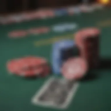 A close-up of poker chips and cards on a table