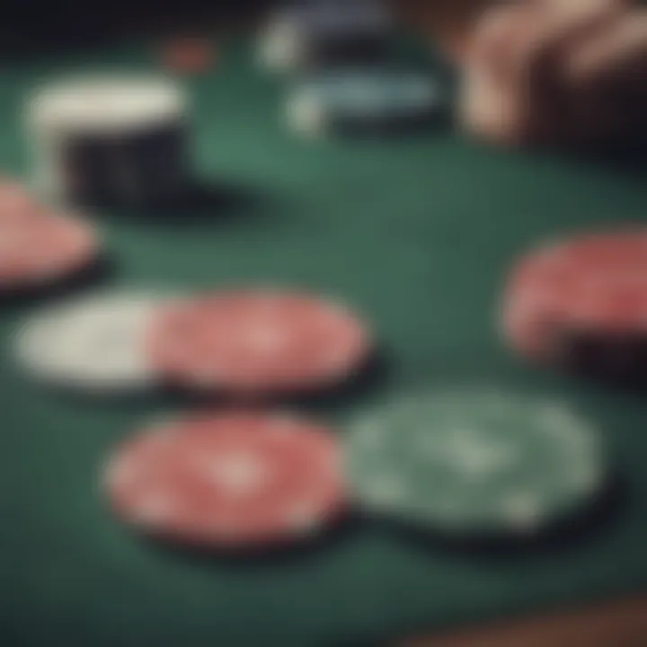 Close-up of poker chips and cards on a felt table during a tournament