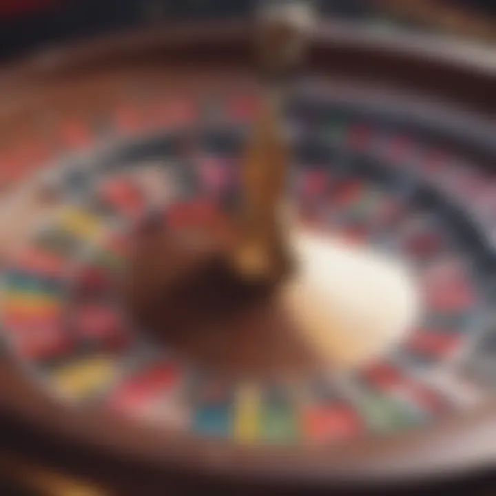 A close-up view of a roulette wheel in motion with colorful chips.