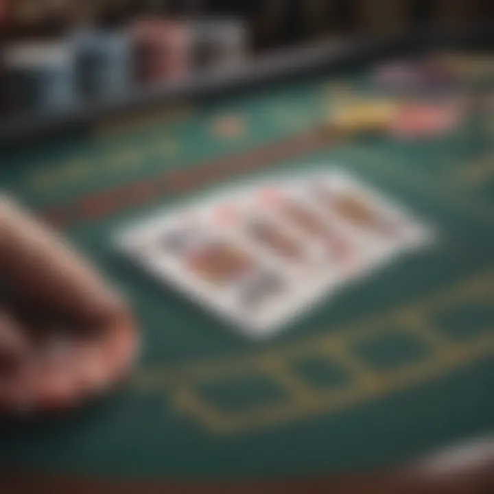 A detailed close-up of a blackjack table with cards and chips