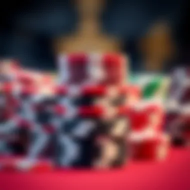 A close-up of poker chips stacked in preparation for a game