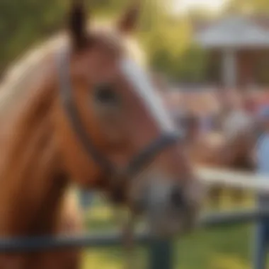 A close-up view of a thoroughbred horse in the paddock before the race