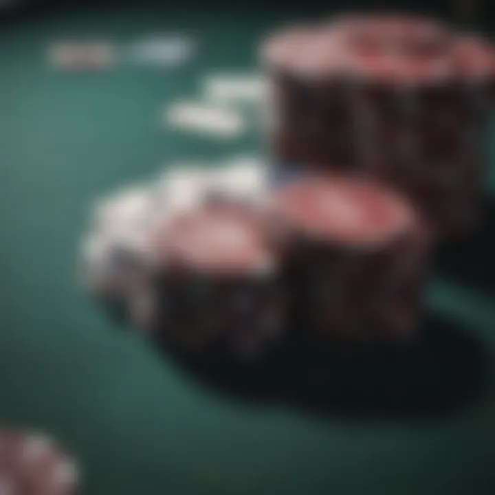 Close-up of poker chips and cards on a table