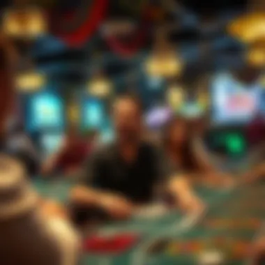 Excitement at the Blackjack Table Engaged gamers at a blackjack table in a bustling casino atmosphere